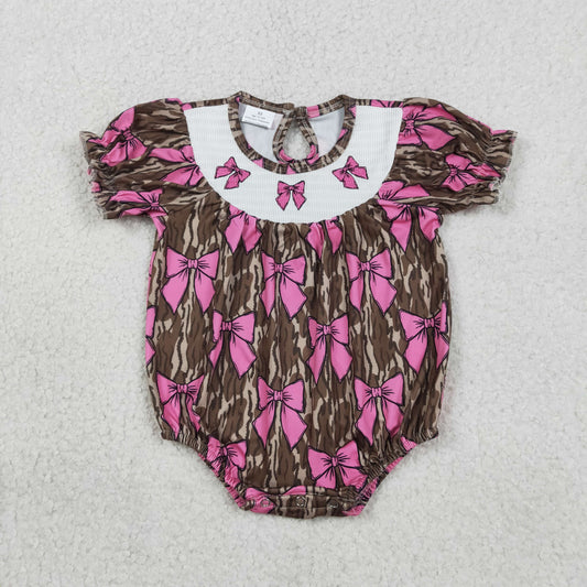 RTS NO MOQ（In Stock ) SR3827 Embroidered Rose Red Bow Pattern Military Green Camouflage Short-Sleeve Bodysuit