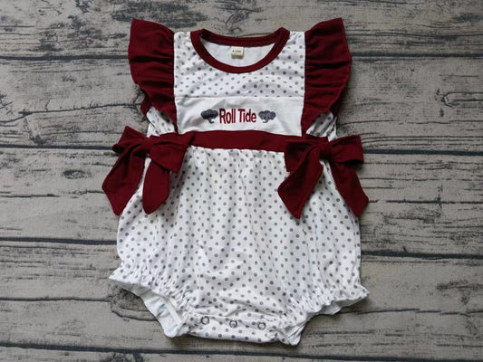 Custom moq 3 eta 6-7weeks  White short romper with burgundy flying sleeves and bow decoration