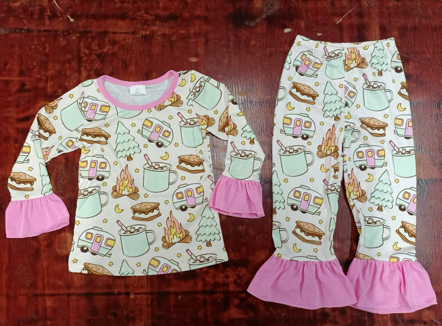 Custom moq 3 eta 6-7weeks Firewood-water cup-cake-school bus experience pink flared sleeve flared pants long suit
