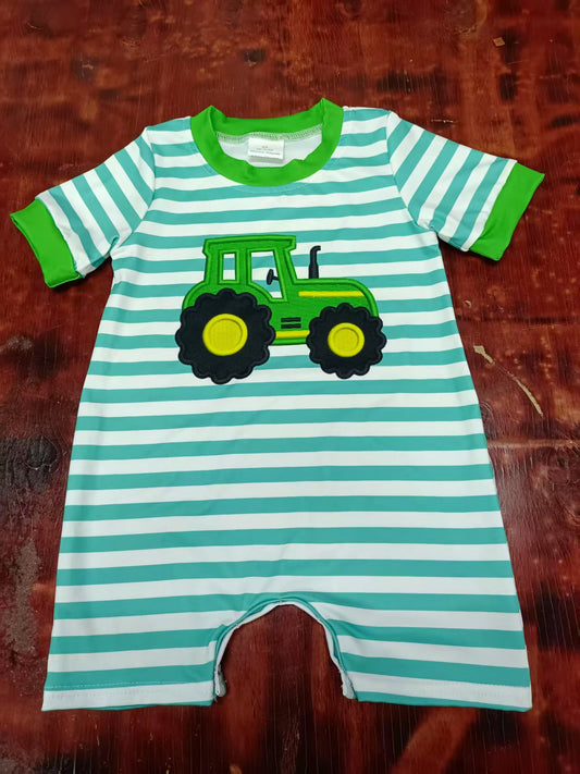Custom moq 3 eta 6-7weeks baby boy clothes tractor green short sleeve romper-25.5.12