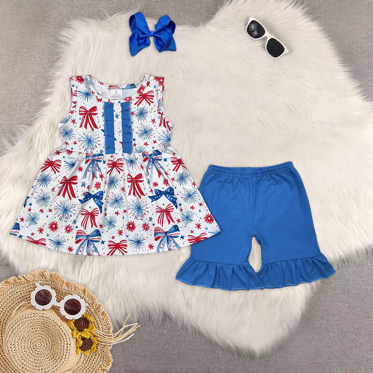 RTS NO MOQ girls clothes 4th of july bow short-sleeved shorts suit & short-sleeved sets