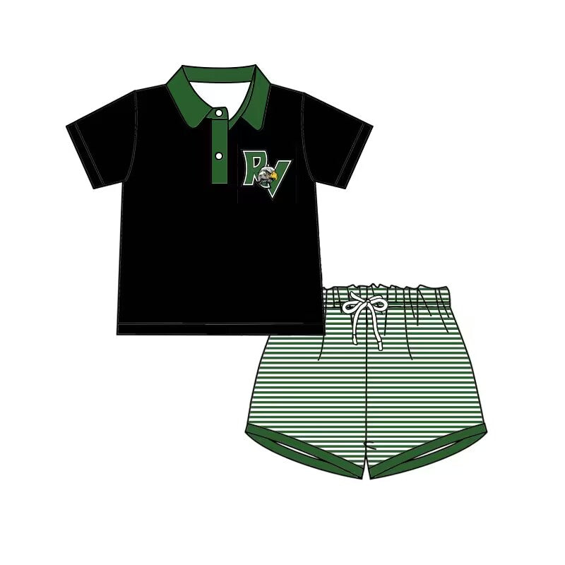 custom moq 3 Summer team boys black top green striped shorts suit