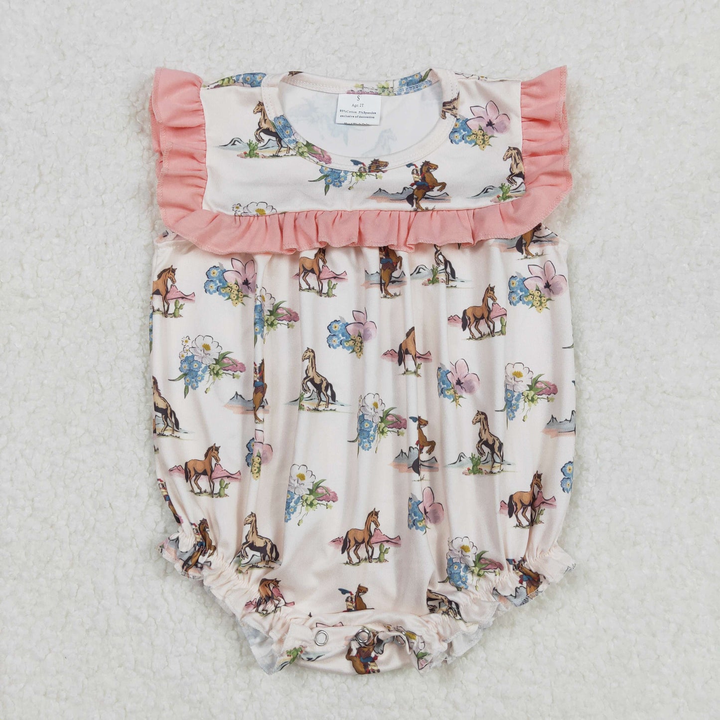 RTS NO MOQ ETA 5/7days arrived SR2690 Girls cowboy horse flower pattern pink lace beige vest jumpsuit