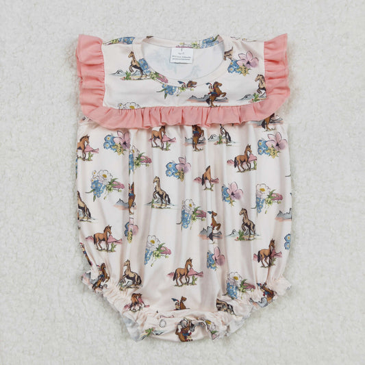 RTS NO MOQ ETA 5/7days arrived SR2690 Girls cowboy horse flower pattern pink lace beige vest jumpsuit