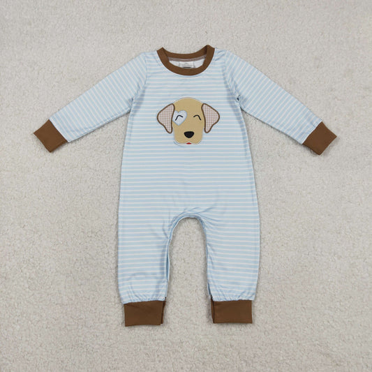 RTS NO MOQ（In Stock) Embroidered Heart Puppy Blue Striped Long-Sleeved Jumpsuit