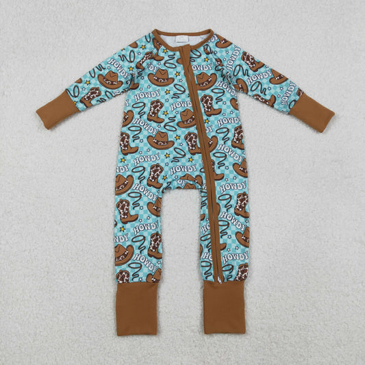 RTS NO MOQ（In Stock) LR2517 Howdy Cowboy Hat and Boots Blue-Green Plaid Zipper Long-Sleeved Jumpsuit