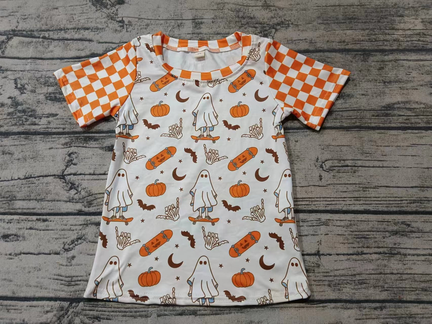Custom moq 3 eta 6-7weeks  Pumpkin color bat skateboard devil plaid short sleeve