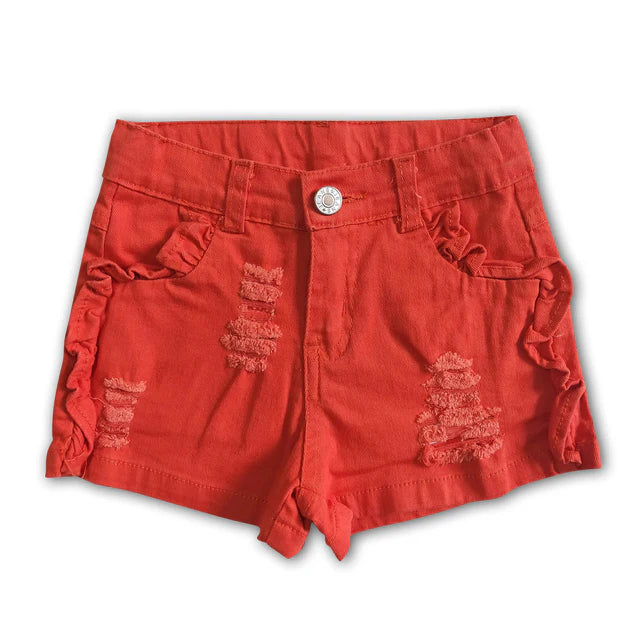 RTS NO MOQ Sibling Baby Girls turquoise color summer ruffle denim shorts