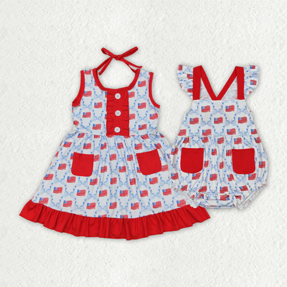 RTS baby girls clothes 4th of july short Sleeve dress romper