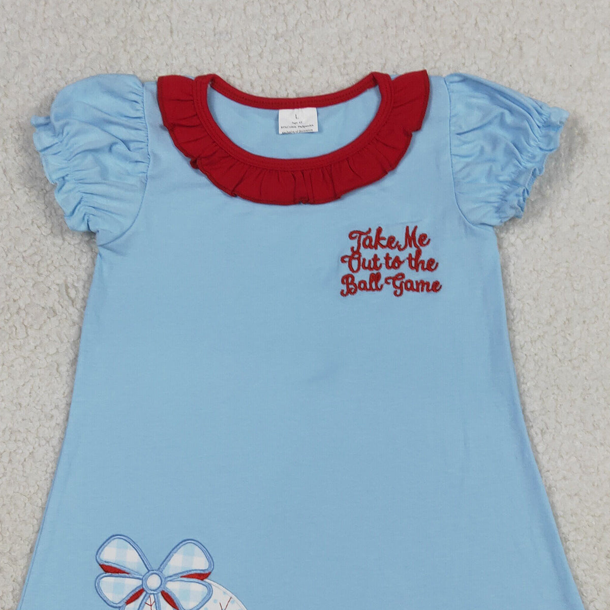 RTS NO MOQ GSD3685 Baby Girls Team Embroidery Baseballs Bows Knee Length Dresses
