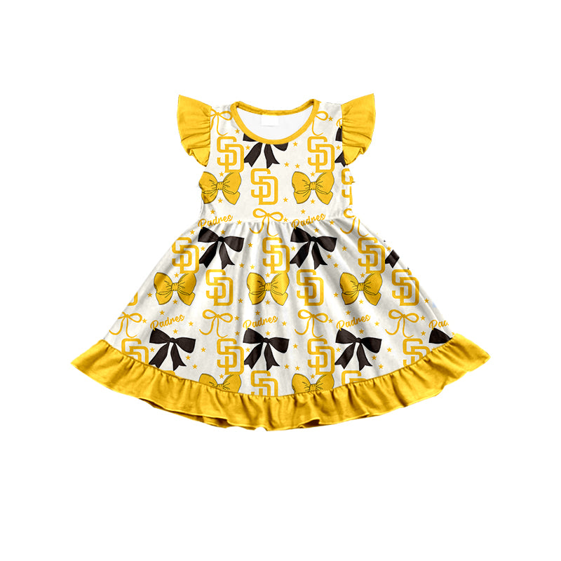 Custom moq 5 mix size milk silk summer teams baby girls clothes team bow yellow long sleeve hooded pants sets and dress 1 and dress 2 and top-25.6.17