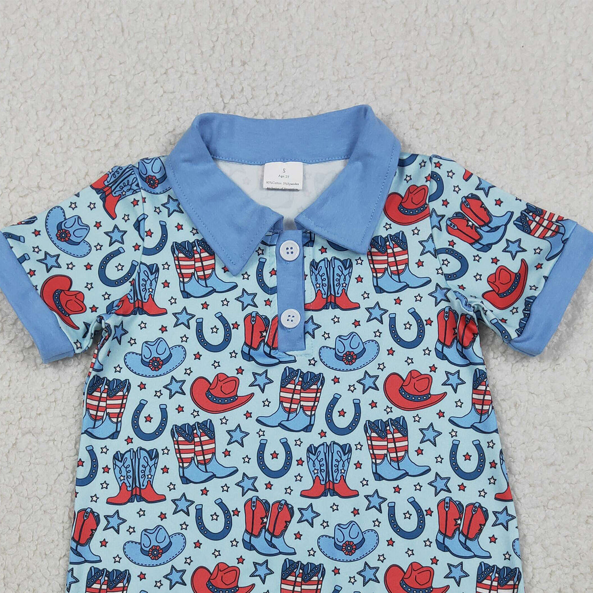 RTS NO MOQ SR3884 Baby Boys 4th of July Western Button Rompers Short Sleeve Star Hat Boots