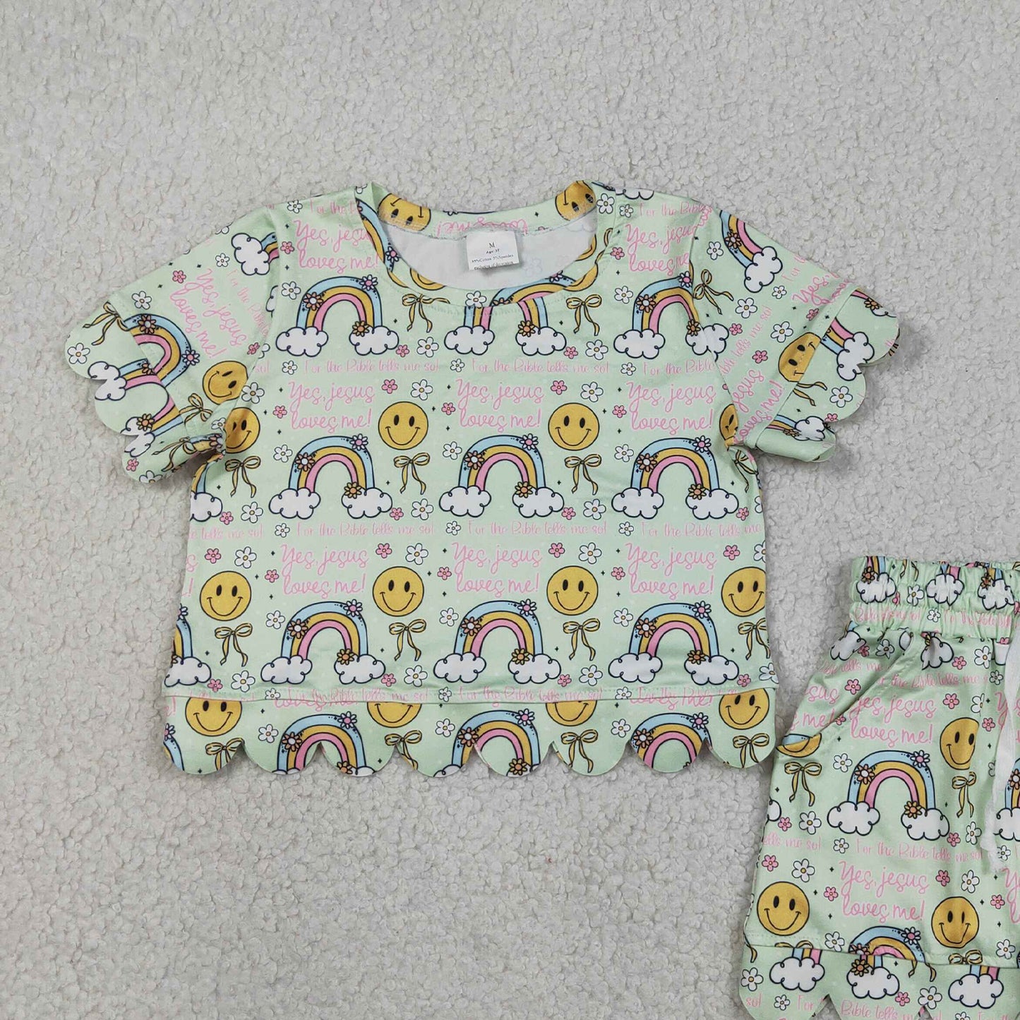 RTS NO MOQ GSSO3283 Baby Girls Cute Rainbow Smiles Flowers Scallop Pocket Clothes Set