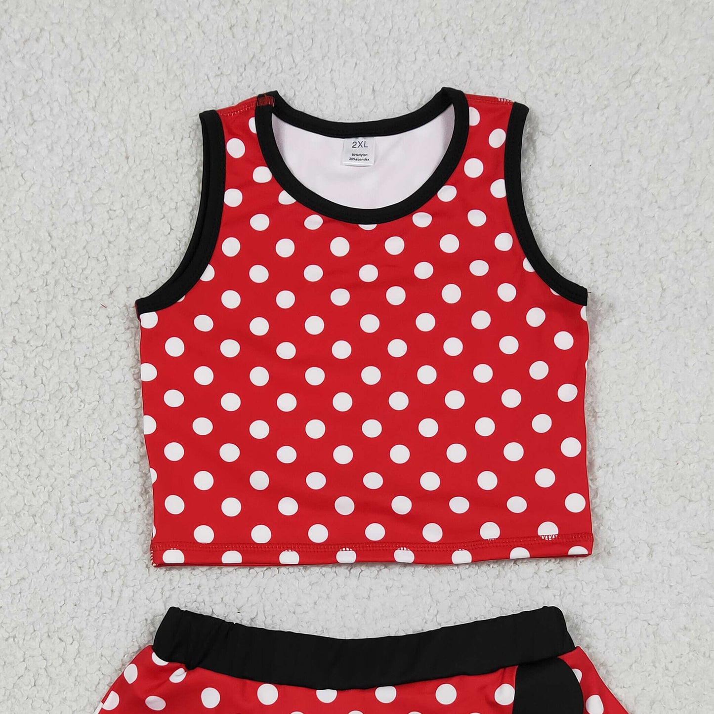 RTS NO MOQ yoga fabric GSD4080 Baby Girls Cute Red Polka Dot Sleeveless Vest Scallop Skort Active Set
