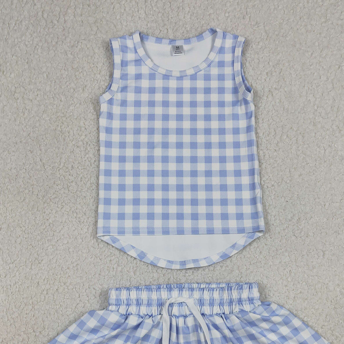 RTS NO MOQ GSSO3479 Baby Girls Blue Checked Vests Top with Butterfly Print Short Yoga Active Clothes Set for Kids