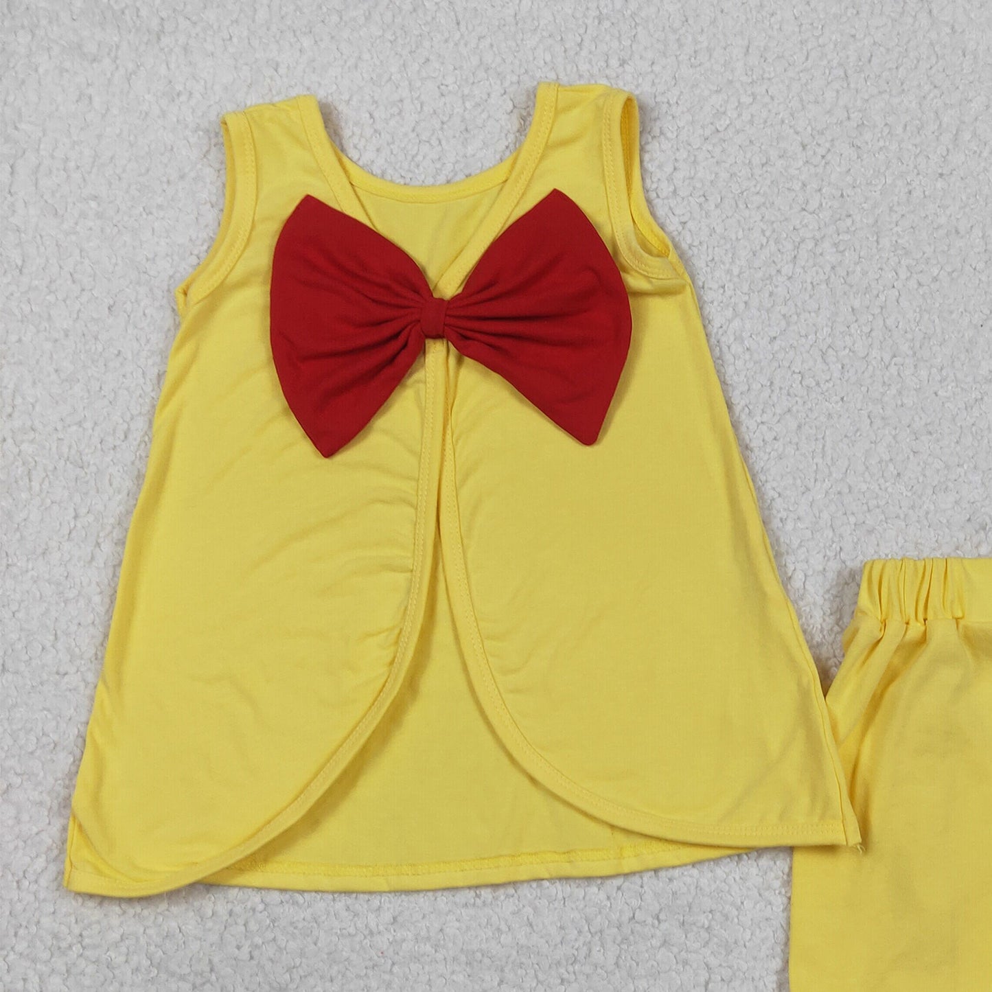 RTS NO MOQ cotton GSSO3466 Baby Girls Cute Yellow Sleeveless Back Bows Tunic Ruffle Shorts Sets
