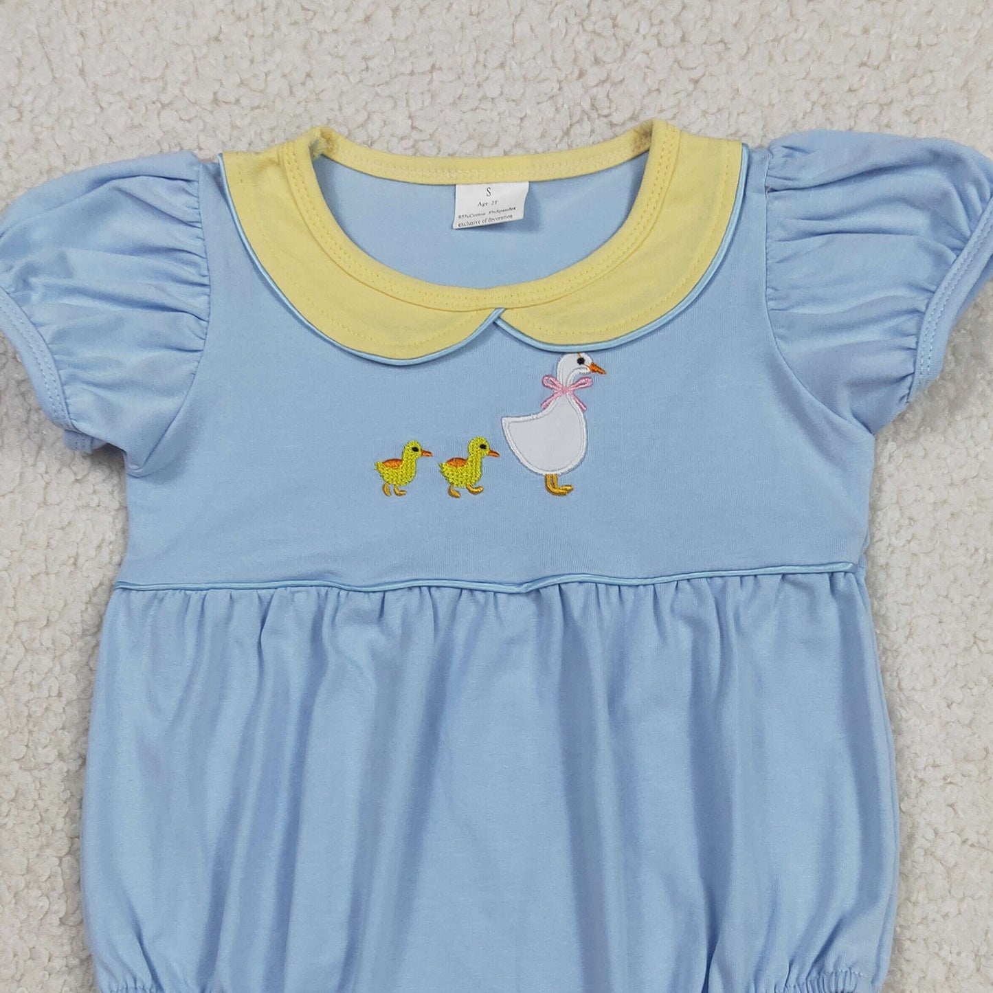 RTS NO MOQ SR3298 Baby  Girls Ducks Goose Embroidery Collar Short Sleeve Rompers