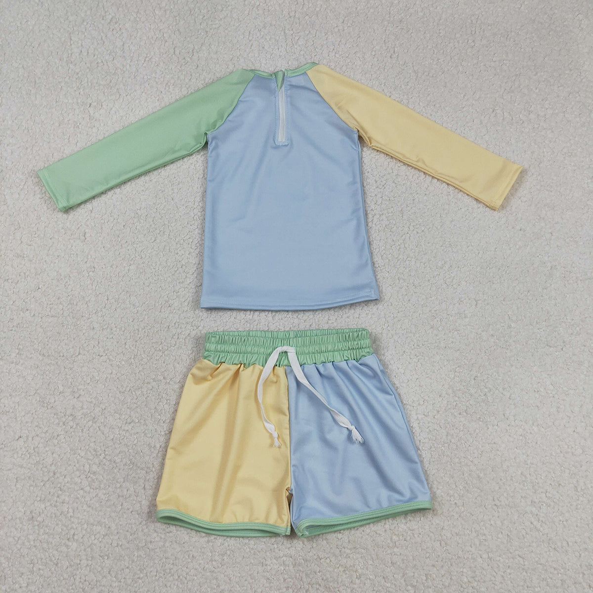 RTS NO MOQ S0634 Baby Boys Long Sleeve Swimsuit Yellow Aqua Blue Shirts Top Shorts Set for Infants