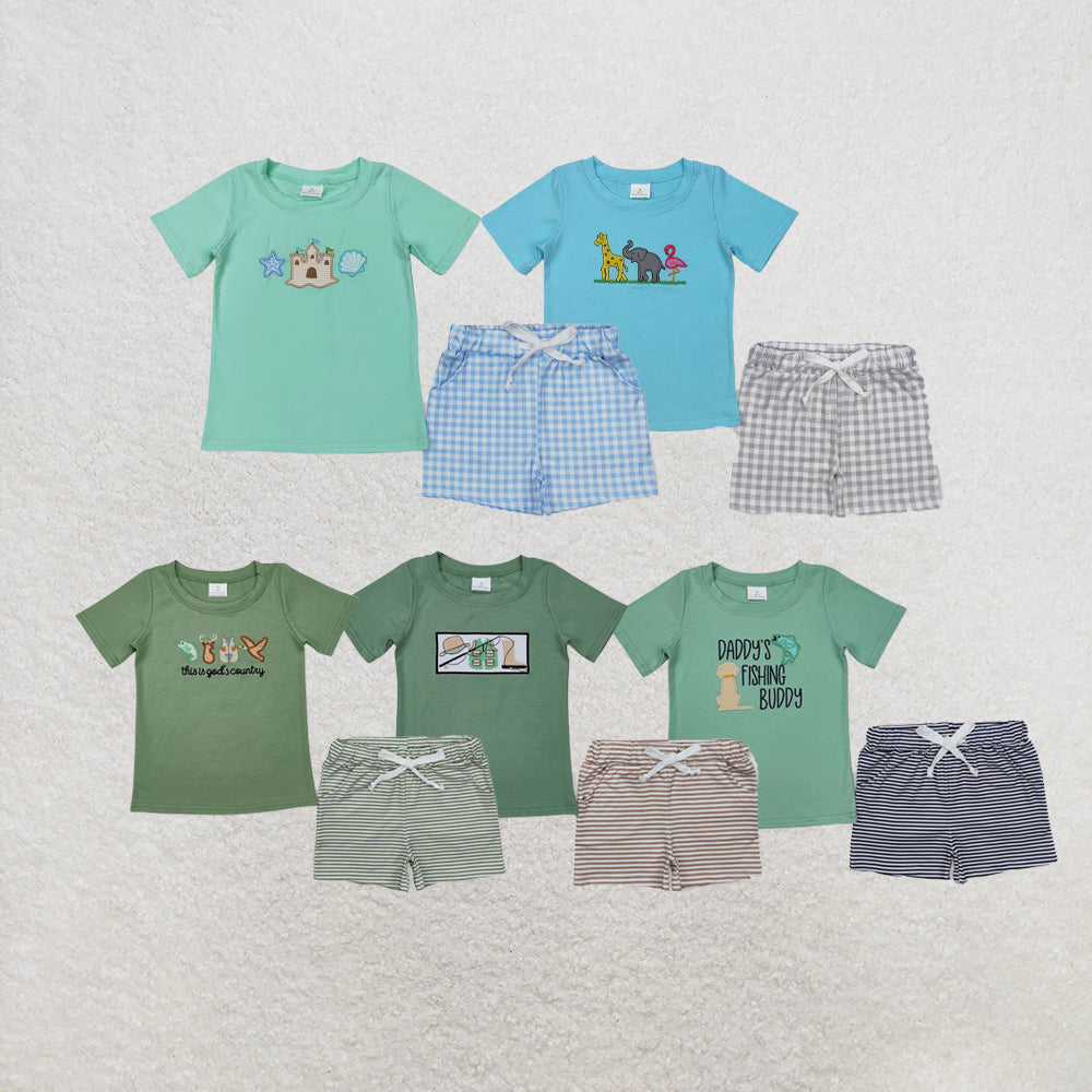 RTS NO MOQ Sibling Baby Boys Embroidery Fishing Top Shorts Hunting Clothes Sets