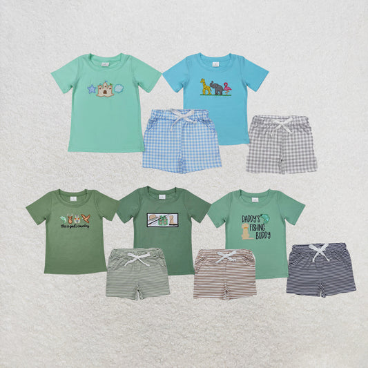RTS NO MOQ Sibling Baby Boys Embroidery Fishing Top Shorts Hunting Clothes Sets