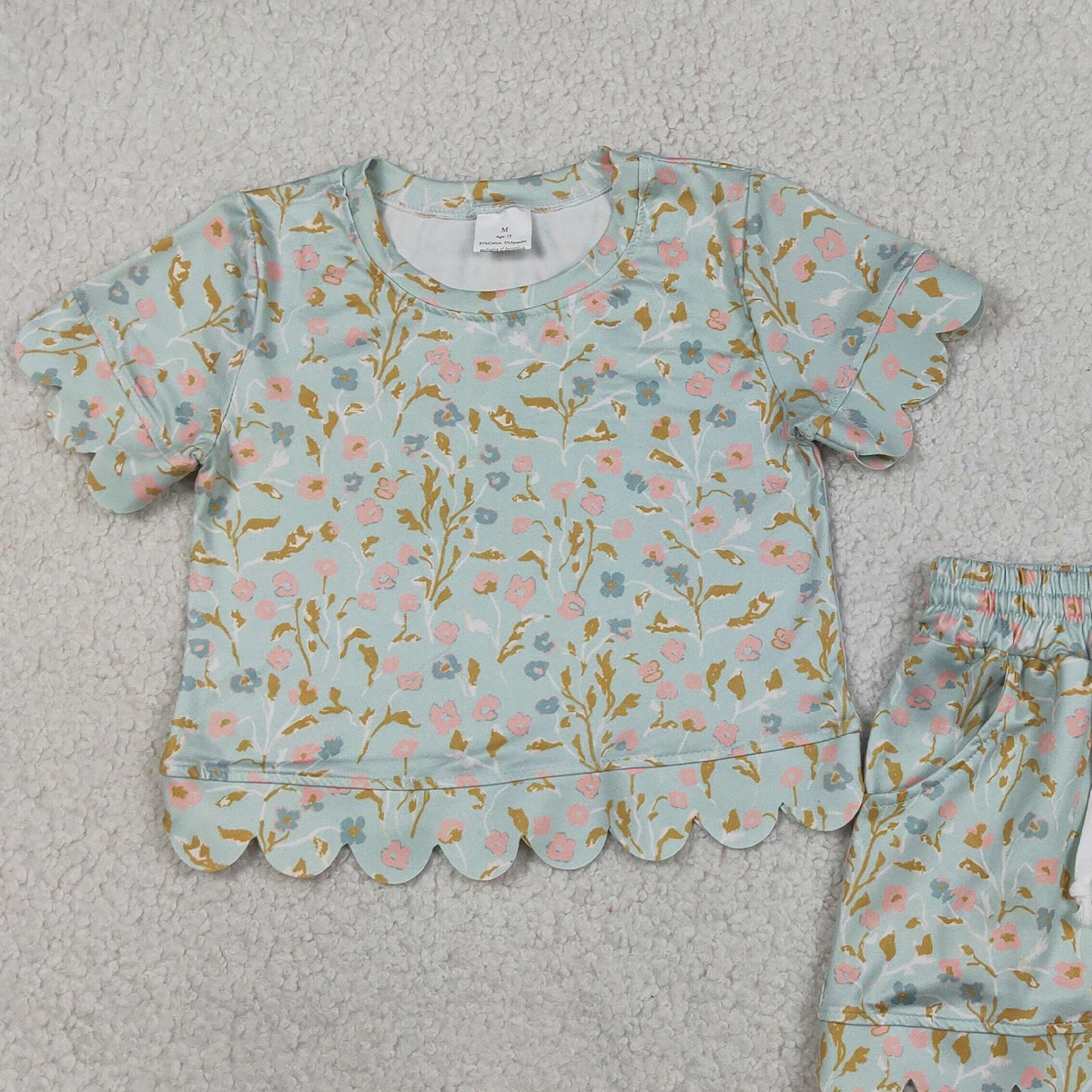 RTS NO MOQ GSSO3266 Baby Girls Summer Colorful Flowers Short Sleeve Top Scallop Pockets Shorts Set