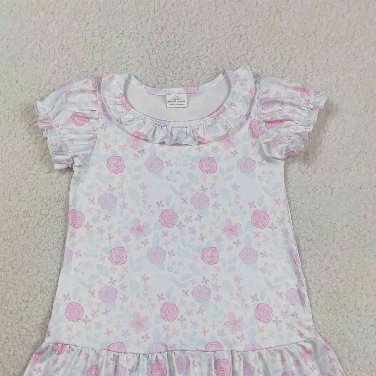 RTS NO MOQ GSD3717 Baby Girls Short Sleeve Ruffle Knee Length Dress Pink Lavender Flowers Cute Infant Girl Outfit