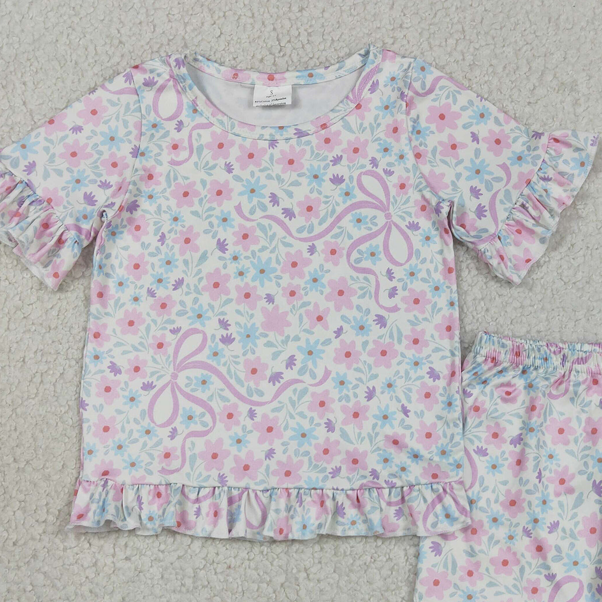 RTS NO MOQ GSSO3322 Toddler Girls Sweet Colorful Flowers Bow Top Ruffle Shorts Sleepwear