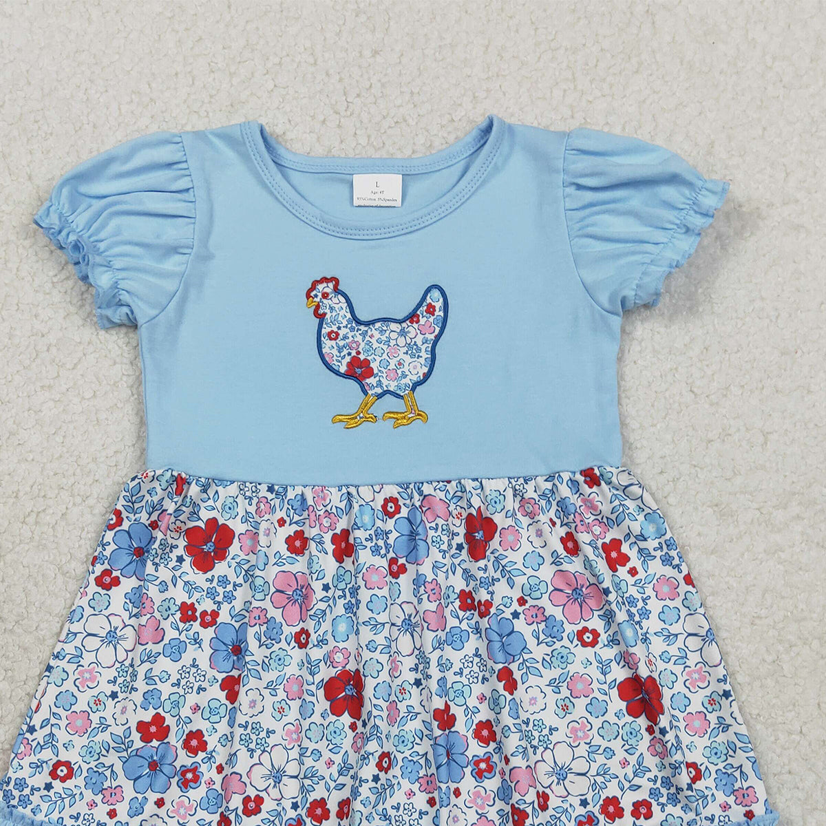 RTS NO MOQ GSD3418 Floral Chick Embroidery Baby Girls Dress Farm Ruffle Knee-Length Skirt for Kids