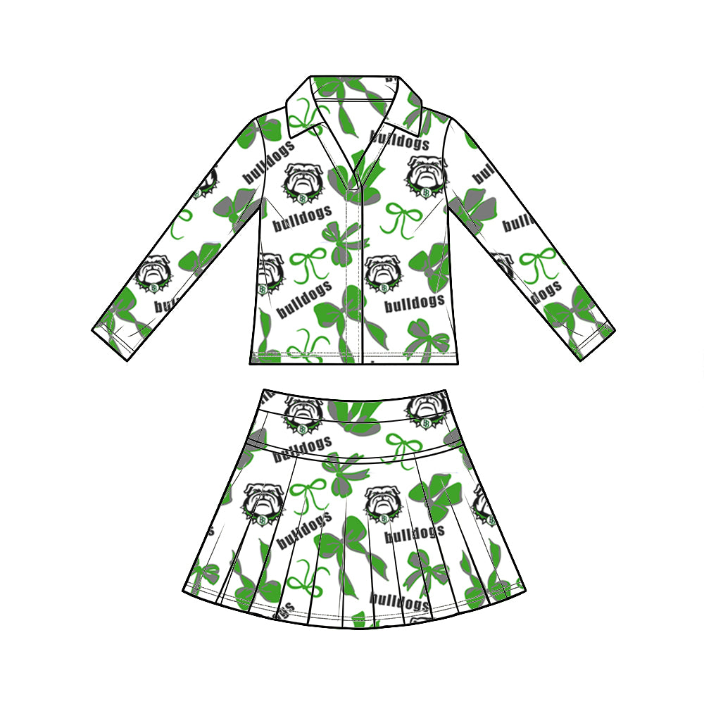 custom moq 5 mix size XY072406 Baby Girls Summer Bow Print Long Sleeve Top Pleated Skirt Two Piece Team Yoga Outfit Set