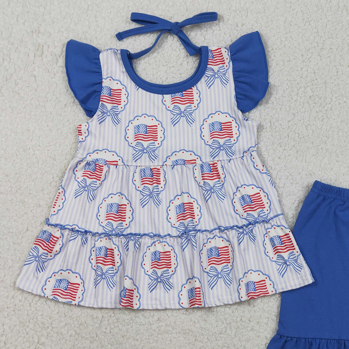 RTS NO MOQ GSSO3296 Baby Girls 4th of July Clothes Set Blue Stripe Tunic with Ruffle Short Outfit