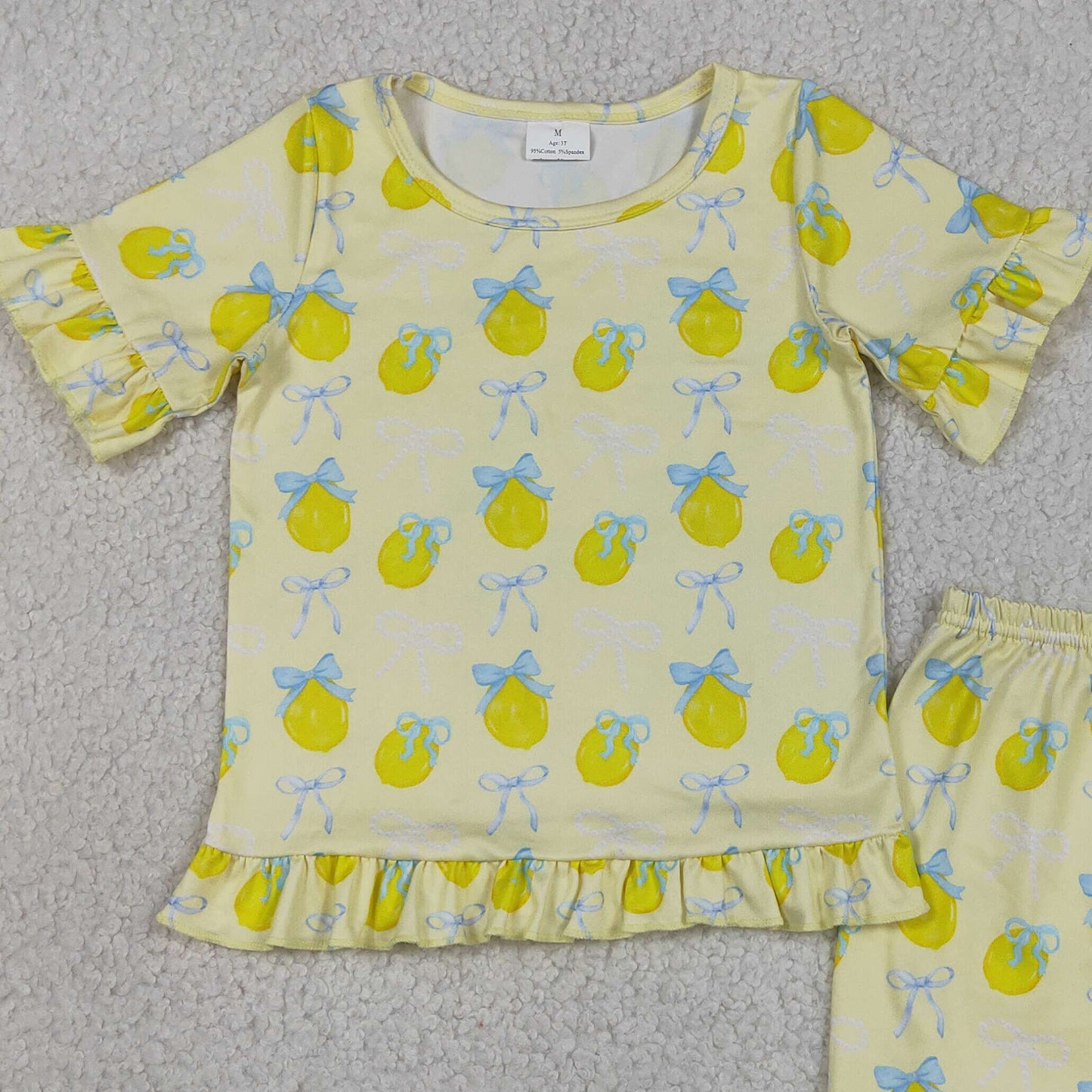 RTS NO MOQ milk silk GSSO3326 Baby Girls Bows Lemons Floral Top Elastic Waist Ruffle Shorts Sets