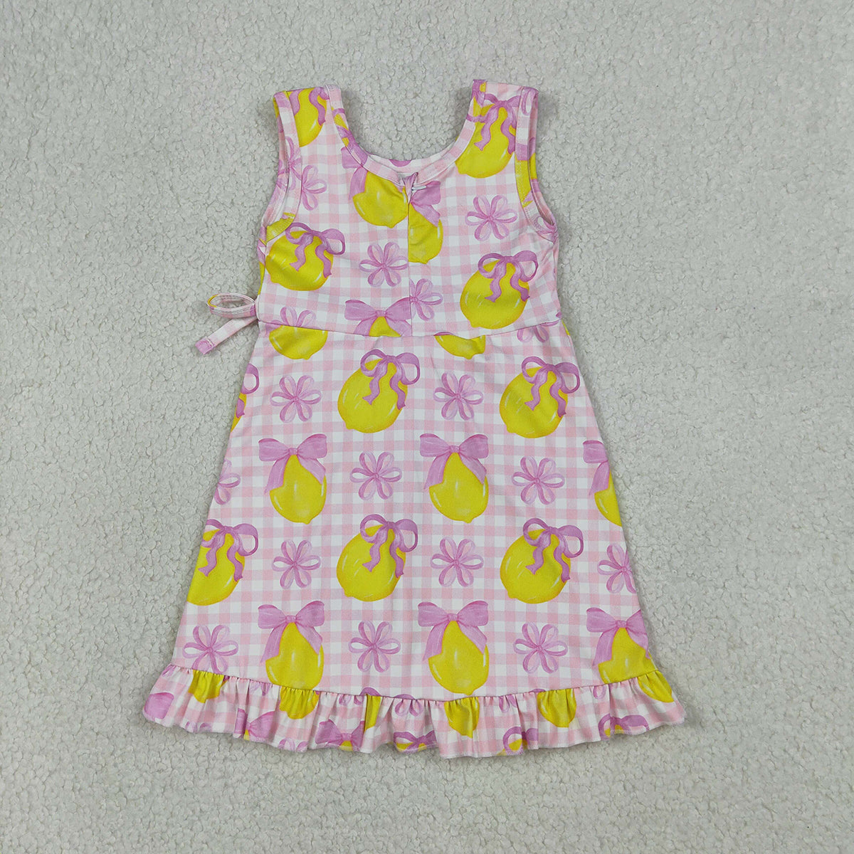 RTS NO MOQ GSD3683 Baby Girls Pink Checked Bows Lemons Ruffle Yoga Active Shorts Knee-Length Dress
