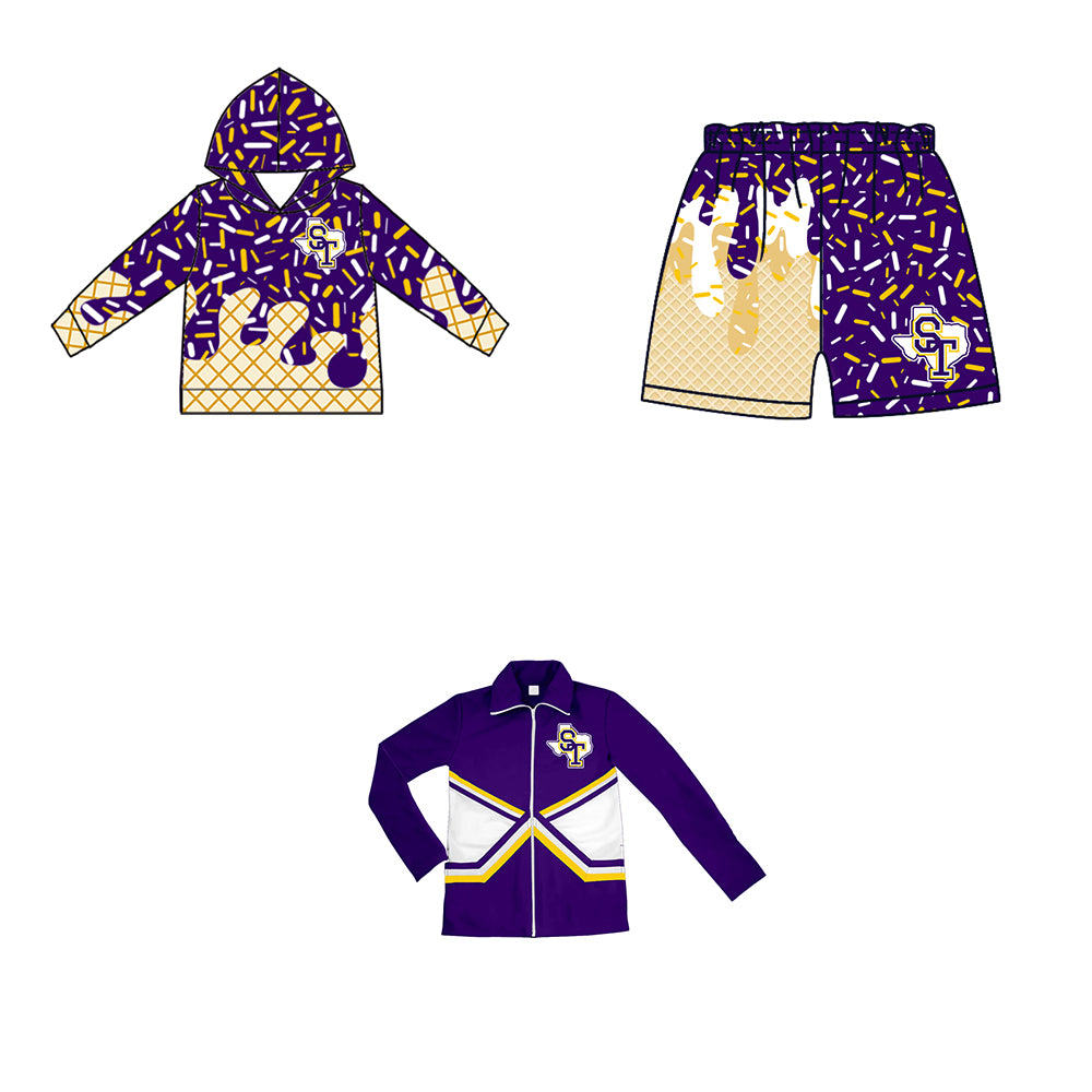 Custom moq 5 mix size milk silk baby girls clothes team bow purple hooded long sleeve tops and shorts and jacket-25.7.23