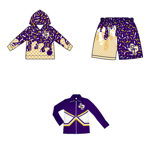 Custom moq 5 mix size milk silk baby girls clothes team bow purple hooded long sleeve tops and shorts and jacket-25.7.23