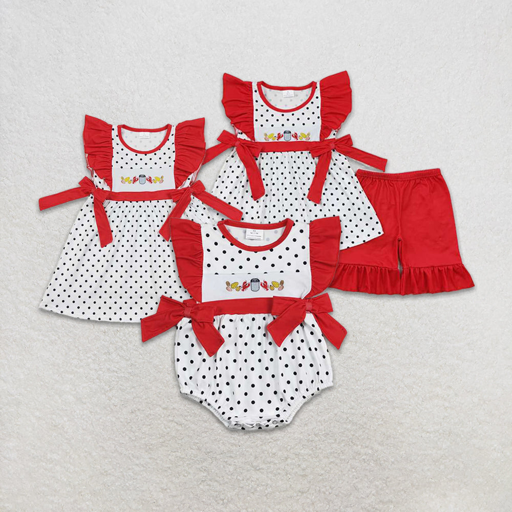 RTS NO MOQ baby Girls Clothes embroidery short sleeve shorts Sets and romper and dress