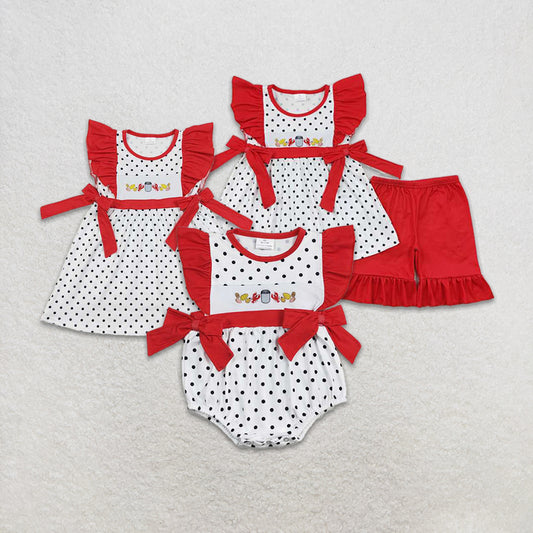 RTS NO MOQ baby Girls Clothes embroidery short sleeve shorts Sets and romper and dress