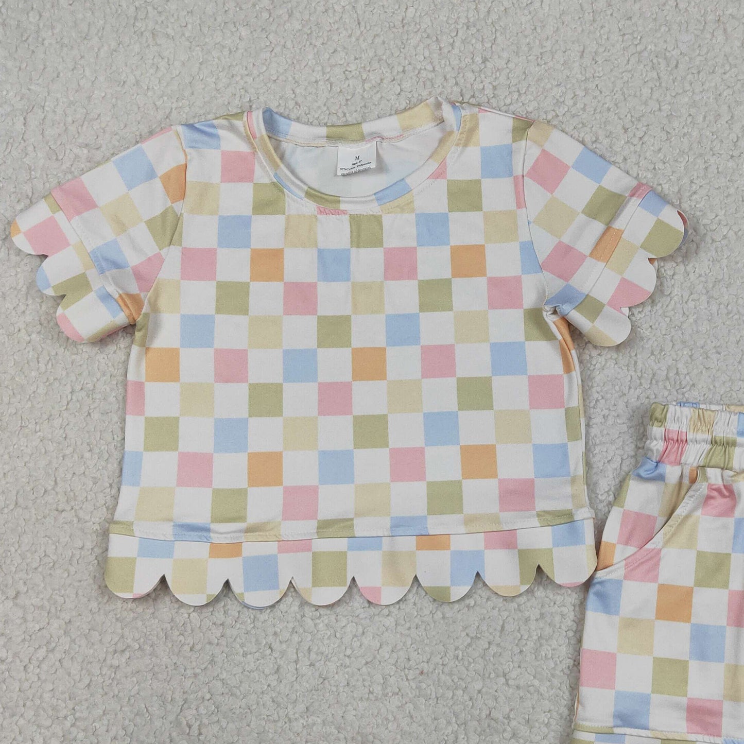 RTS NO MOQ GSSO3419 Baby Girls Summer Colorful Checked Scallop Edge Pocket Short Set
