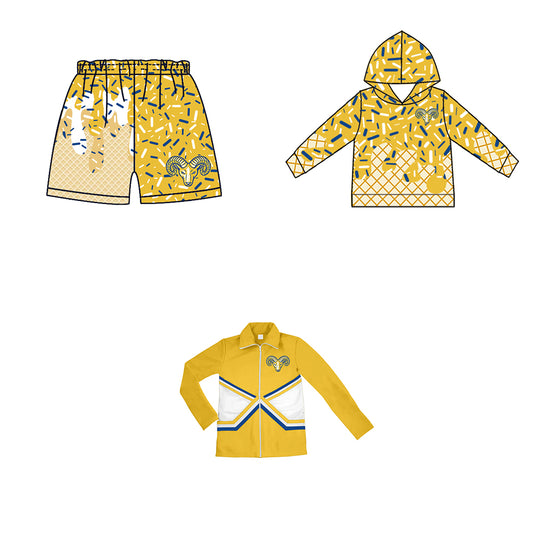 Custom moq 5 mix size milk silk baby girls clothes team bow yellow hooded long sleeve tops and shorts and jacket-25.7.24