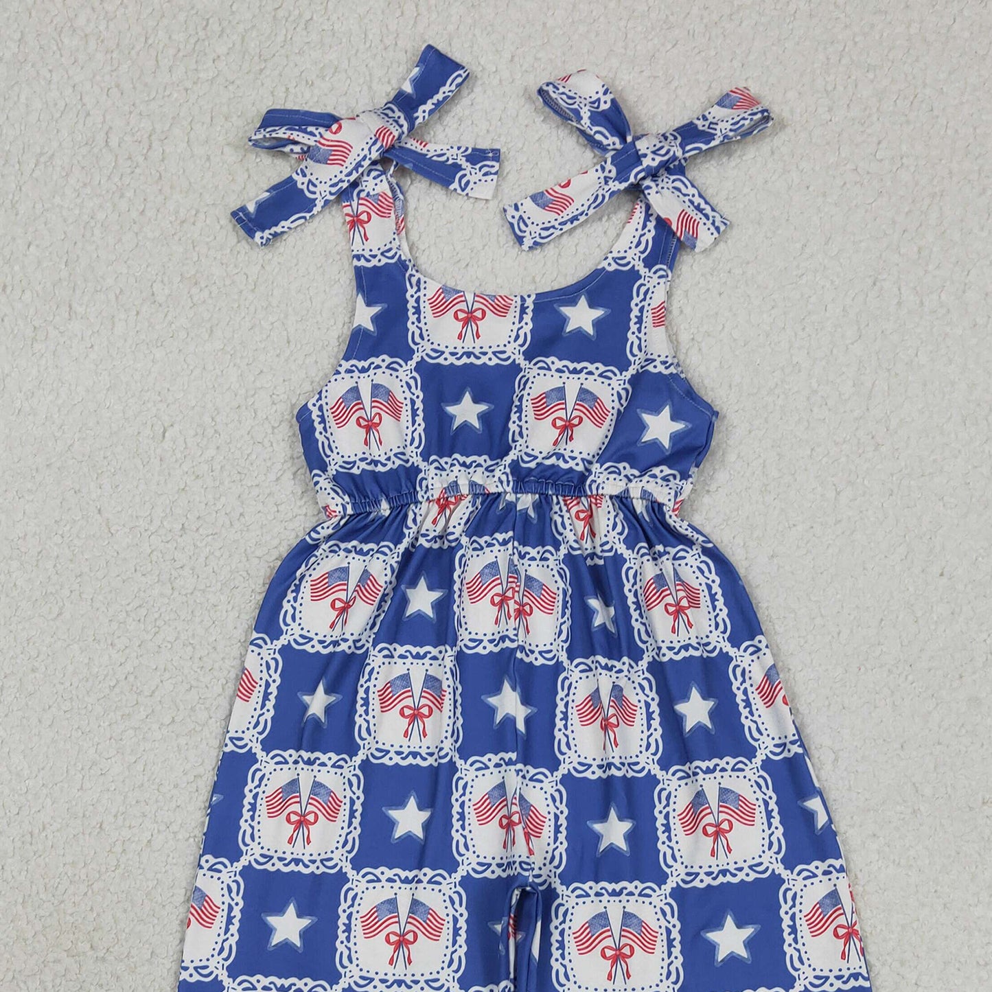 RTS NO MOQ milk silk SR3875 Baby Girls Checked Stars Flags Strap Bow Casual 4th of July Jumpsuits