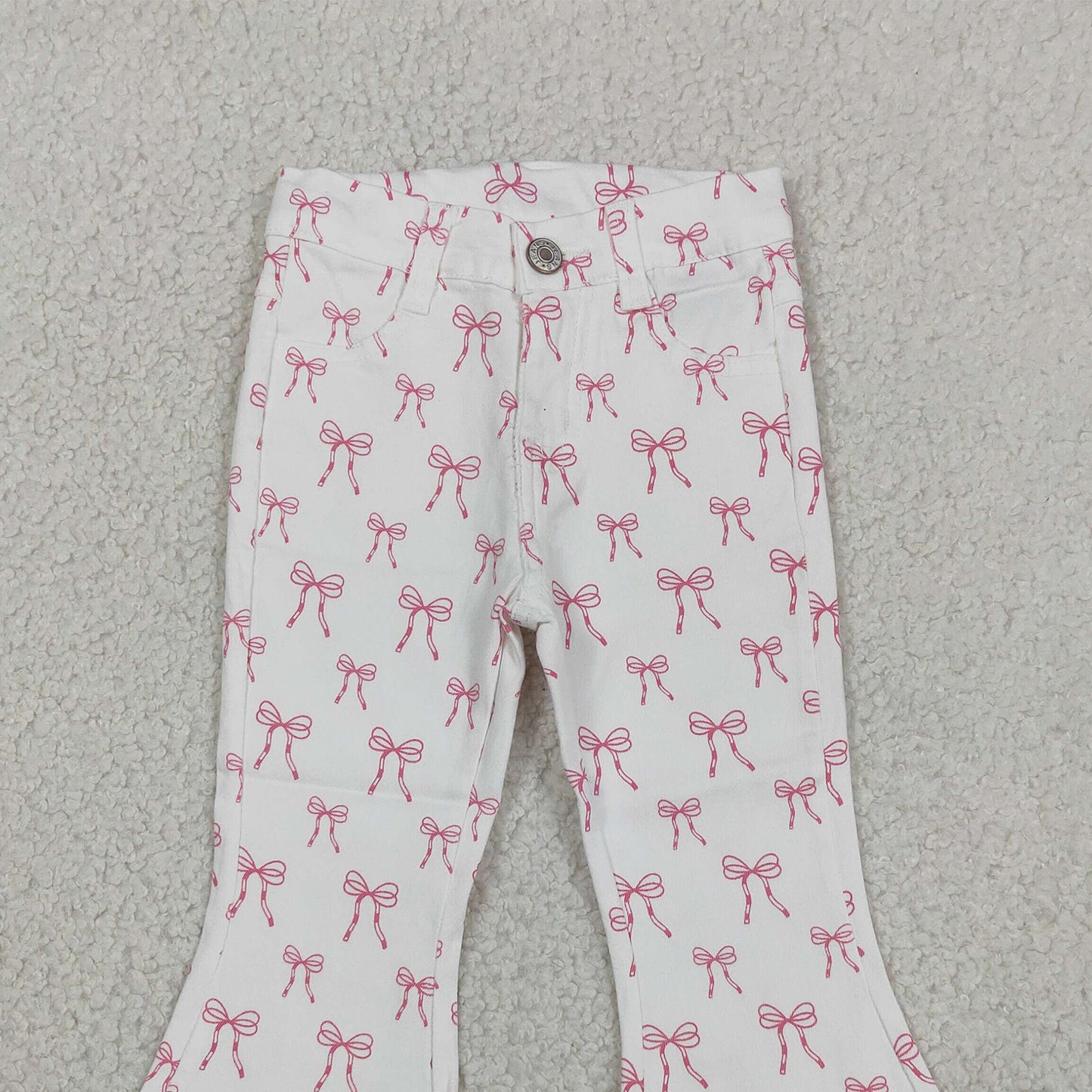 RTS NO MOQ milk silk P1042 Baby Girls Cute Pink Bows Denim Pocket Bell Bottom Pants（3T-14-16T）