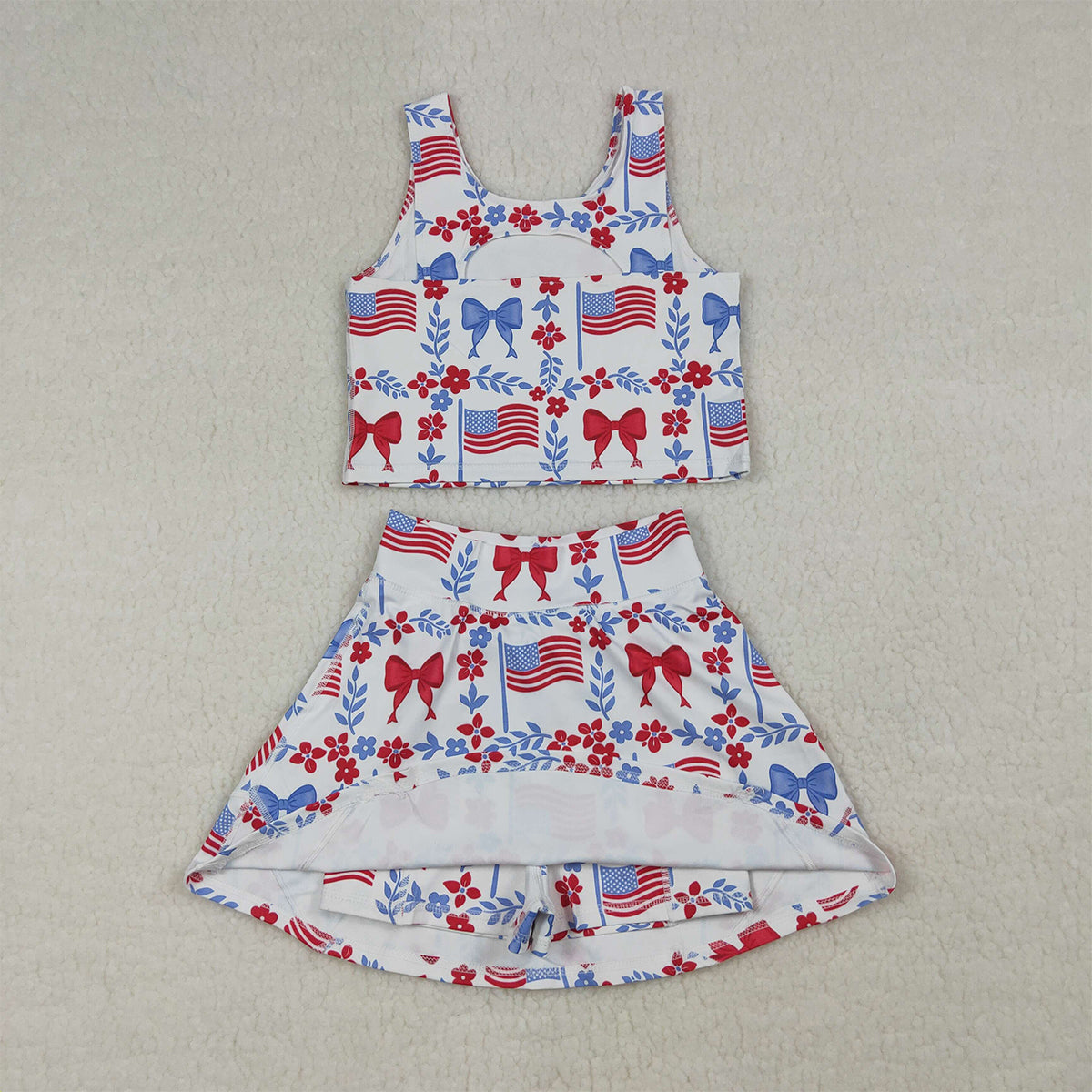 RTS NO MOQ GSD3499 Baby Girls 4th of July Yoga Active Clothes Sets Flower Flags Vest Skirt Short for Girls