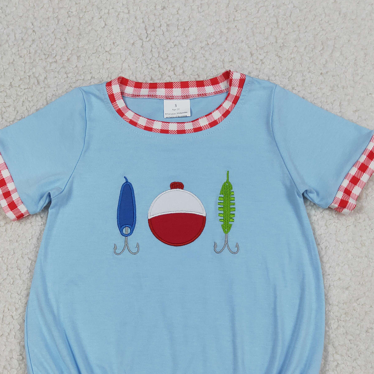 RTS NO MOQ SR3577 Embroidery Fishing Baby Boys Blue Rompers Short Sleeve Hunting Outfit Cute Toddler Clothing