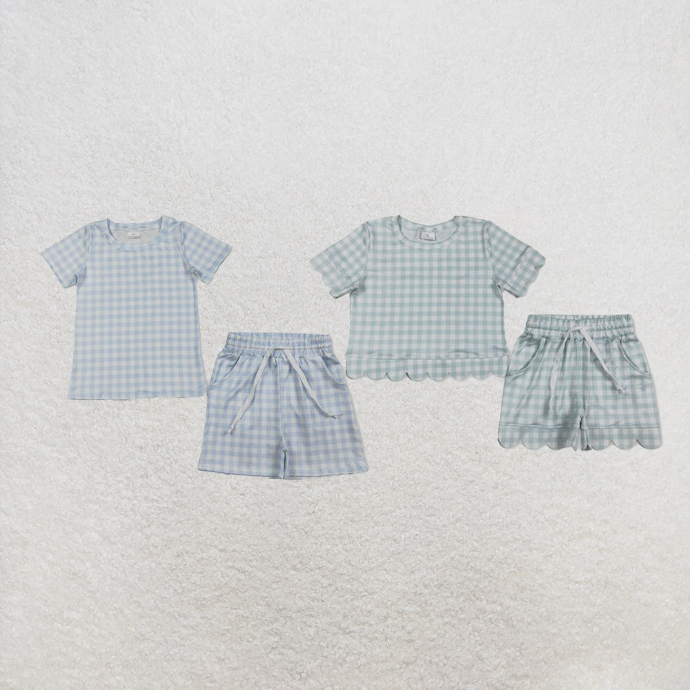 RTS NO MOQ Sibling Baby Boys Light Blue Checked Top Pockets Shorts Clothes Sets