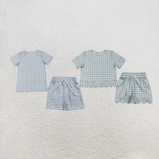 RTS NO MOQ Sibling Baby Boys Light Blue Checked Top Pockets Shorts Clothes Sets