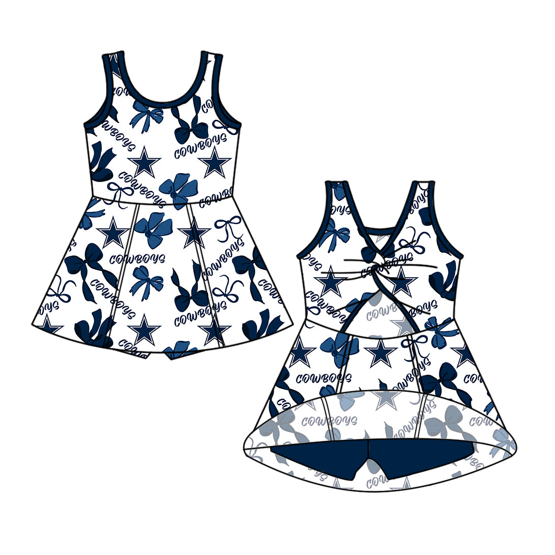Custom moq 5 mix size milk silk summer teams Baby Girls Navy Blue Bow Vest Top Skirt Shorts Sets Sleeveless Knee Length Dresses Yoga Shorts Yoga Active Outfit