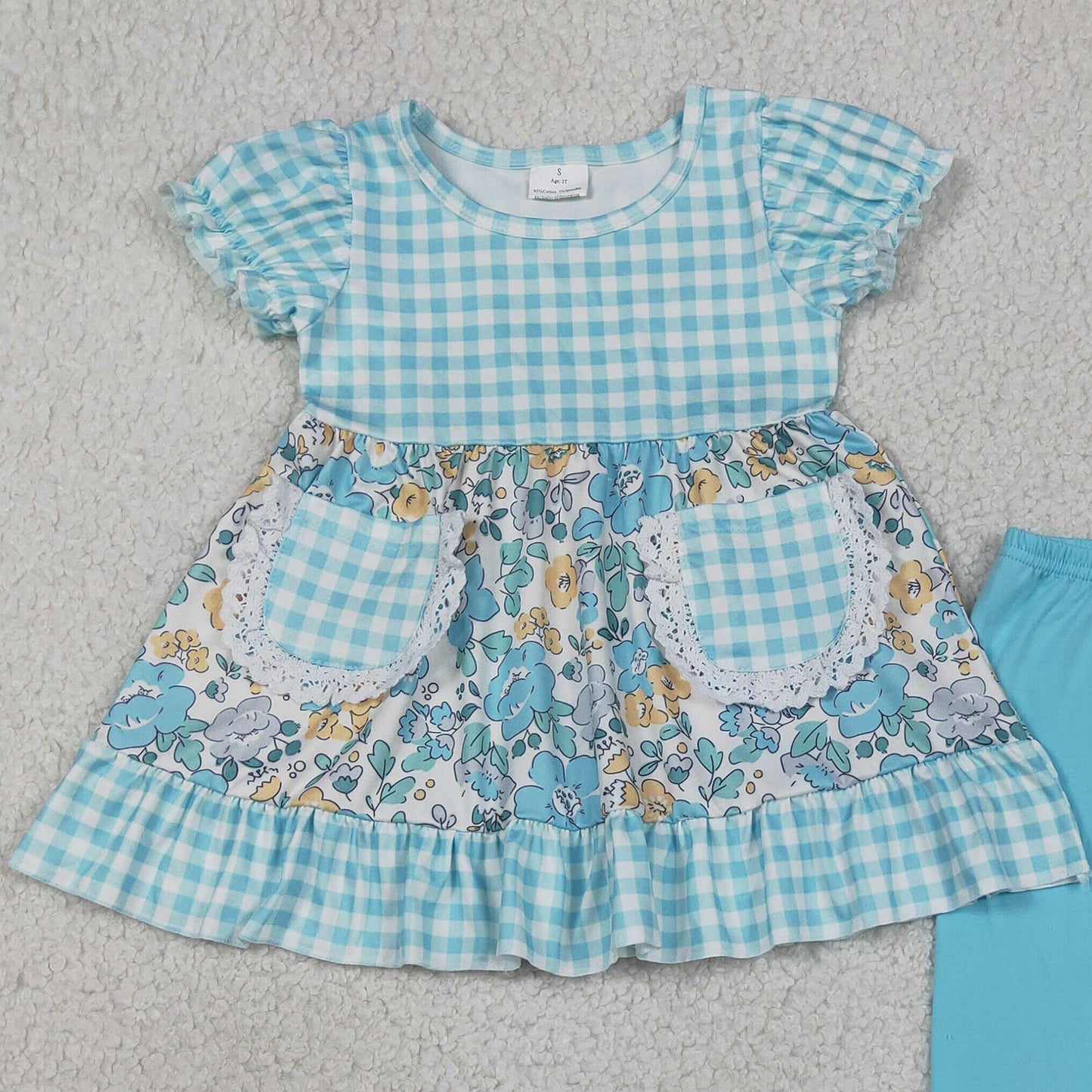 RTS NO MOQ GSPO2282 Baby Girls Blue Check Floral Pocket Tunic Casual Ruffle Pant Sets