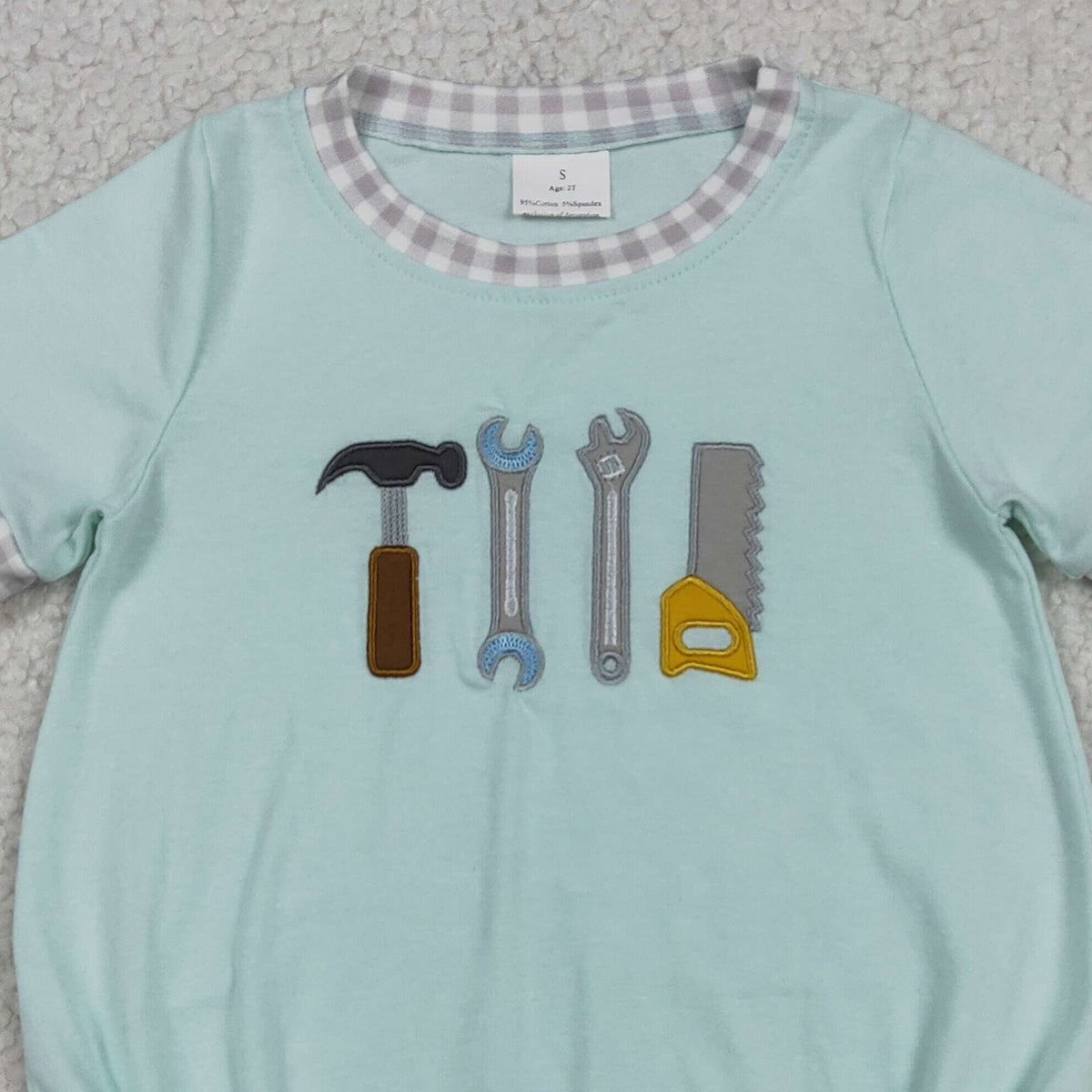 RTS NO MOQ SR3541 Baby Boys Embroidery Tools Short Sleeve Rompers