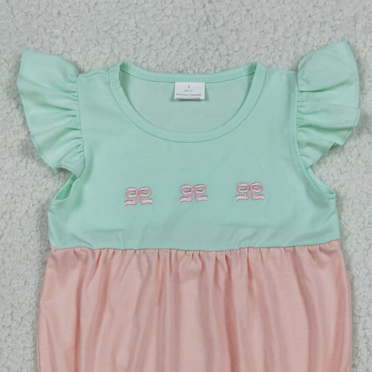 RTS NO MOQ SR3895 Baby Girls Embroidery Bows Rompers with Flutter Sleeve Patchwork Ruffle