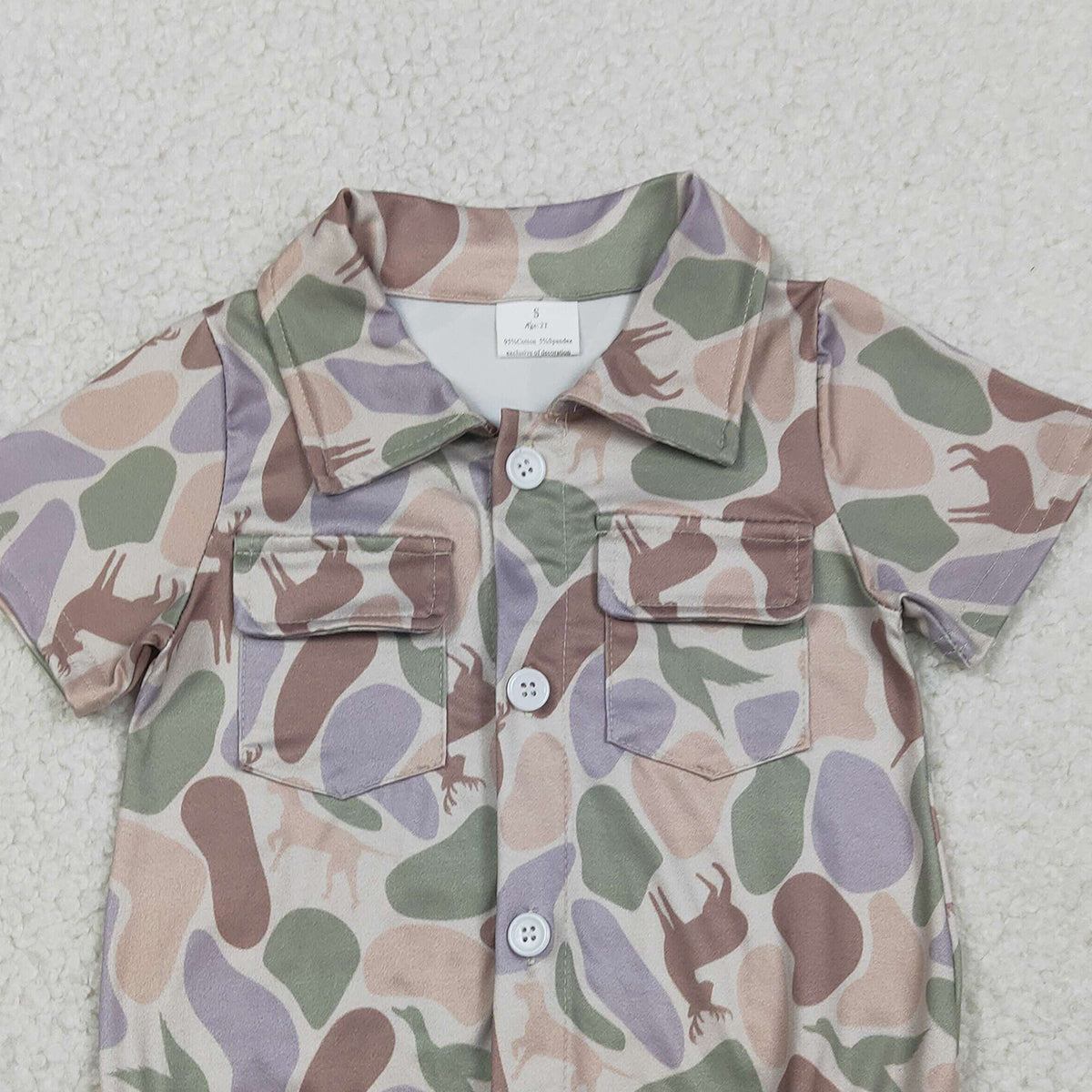 RTS NO MOQ SR3544 Baby Boys Camouflage Hunting Rompers with Pockets Button Detailing Ducks Dogs Deer Print