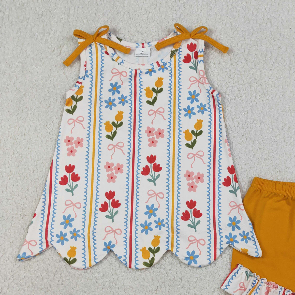 RTS NO MOQ GSSO3388 Baby Girls Bows And Flowers Stripe Scallop Tunic with Ruffle Shorts Cute Outfit Set for Little Ones